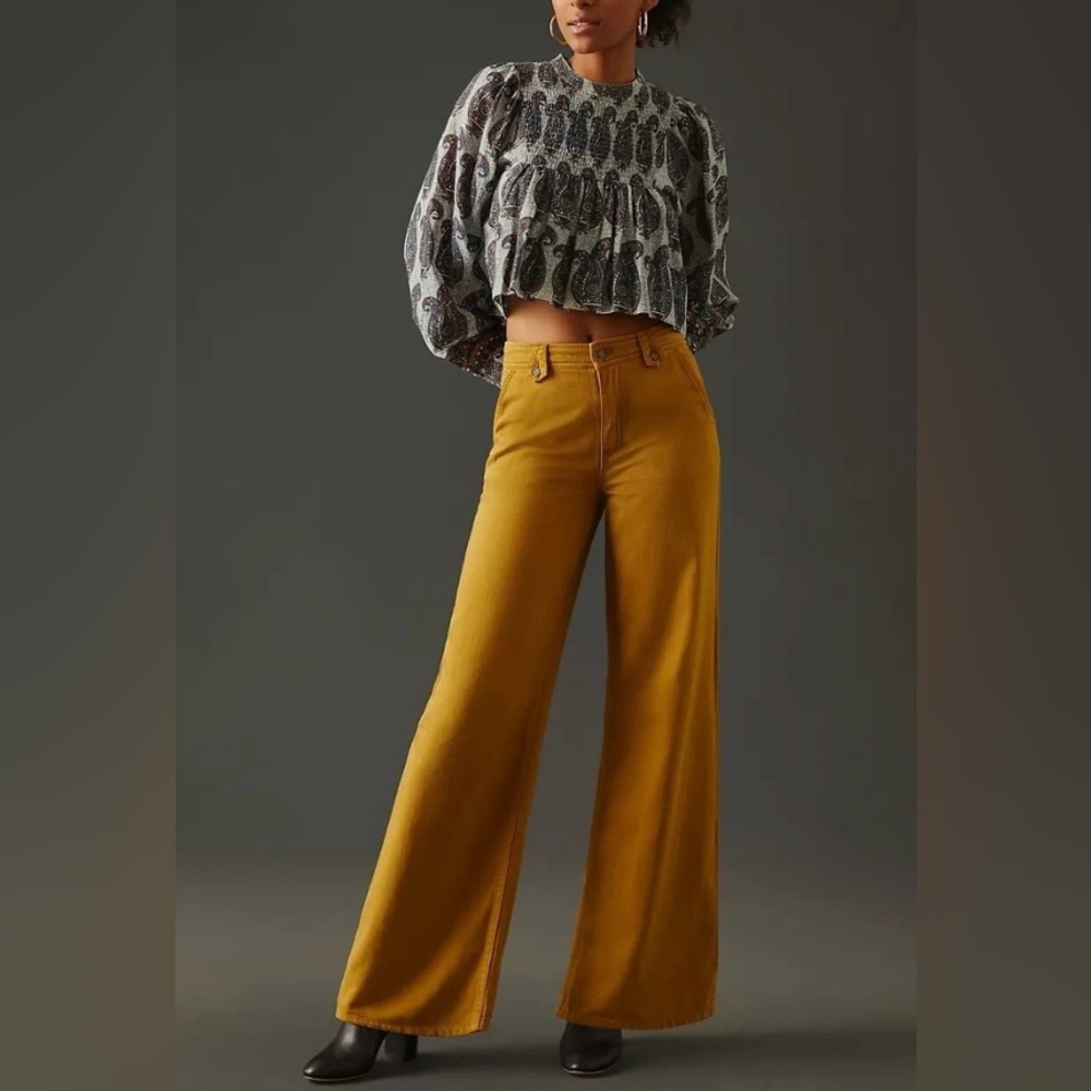 Anthropologie Pilcro | Twill Mustard Column Flared Wide Leg Ankle Pant Sz26